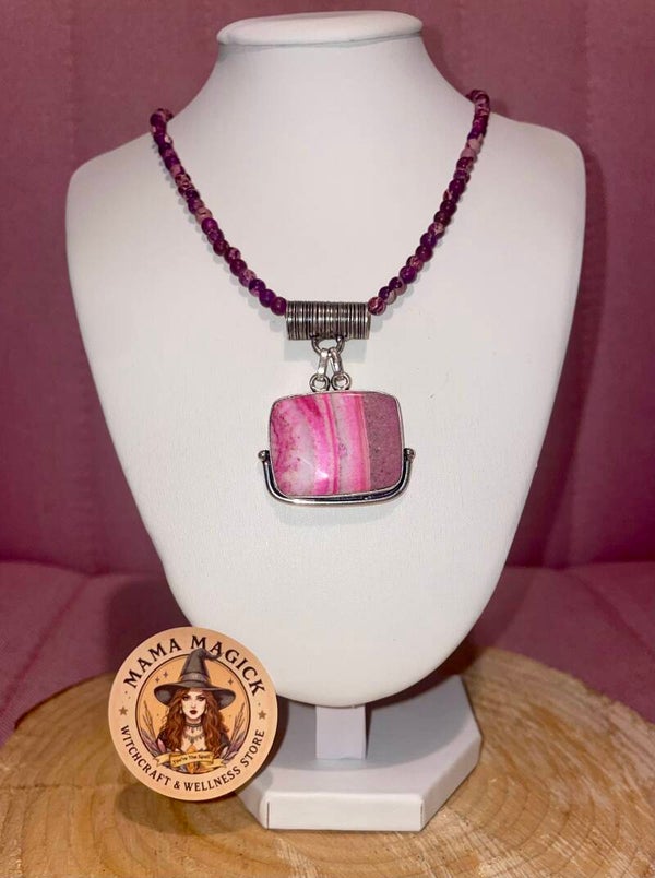 Pink Dendritic Opal Pendant & Sea Sediment Jasper Choker Set