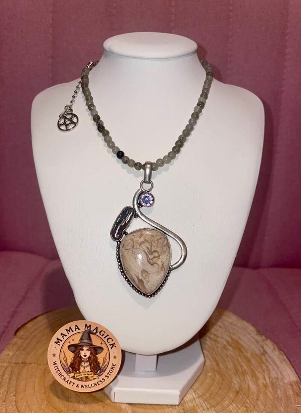 Crazy lace agate, Abalone & Labradorite Pendant & Choker Set