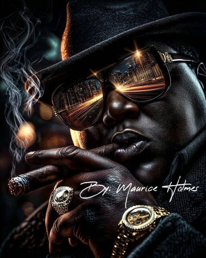 Custom digital art inspired photo-realism of rapper Notorious B.i.g aka Biggie Smalls in dark gold and black aesthetic for digital art commissions faq