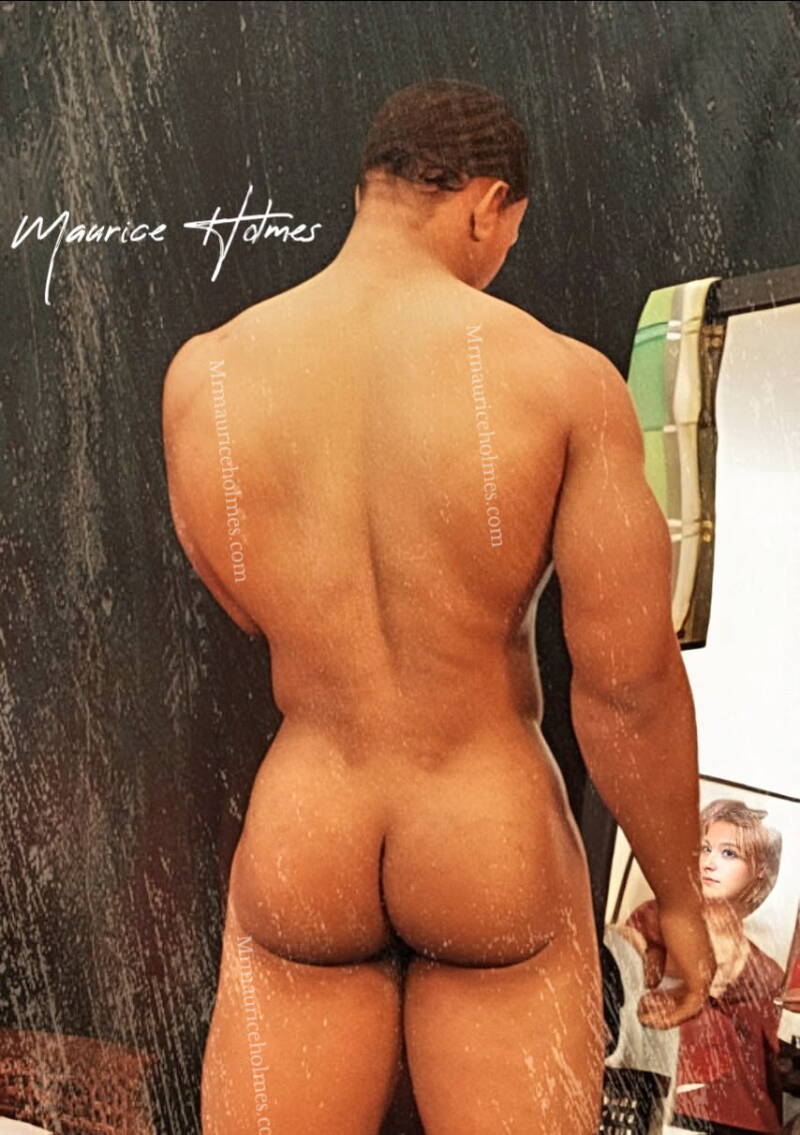 Nude erotic urban photo realism of a painting of Maurice Holmes from the back standing naked as he paints.