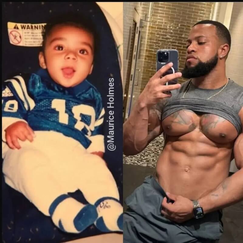"Transformation of Maurice Holmes — Afro-Latino digital artist, fitness coach, and multidisciplinary creator — from childhood to adult bodybuilding physique, Dominican heritage, self-made success"