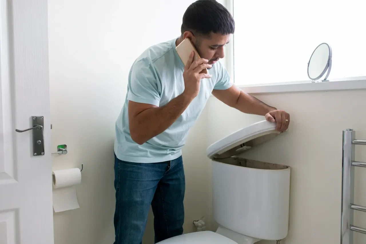 Man Inspecting Broken Toilet Calling a Plumber