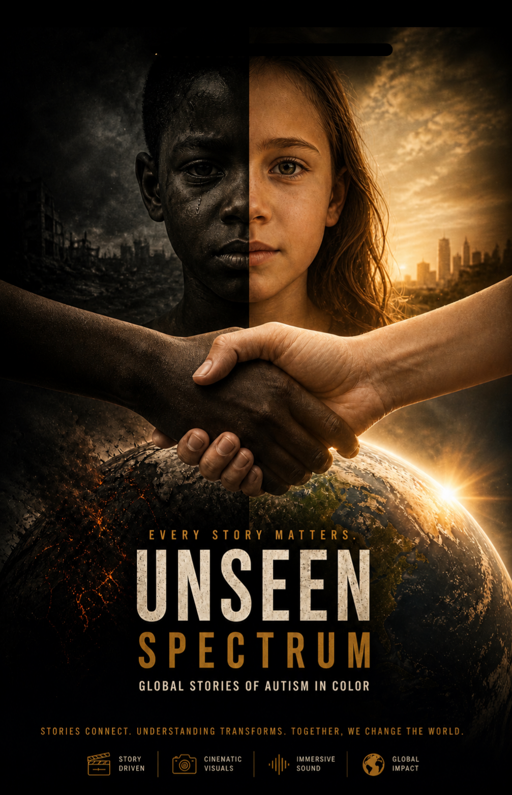 Unseen Spectrum documentary poster, Global Stories of Autism in Color, showing two children's faces and clasped hands over a globe