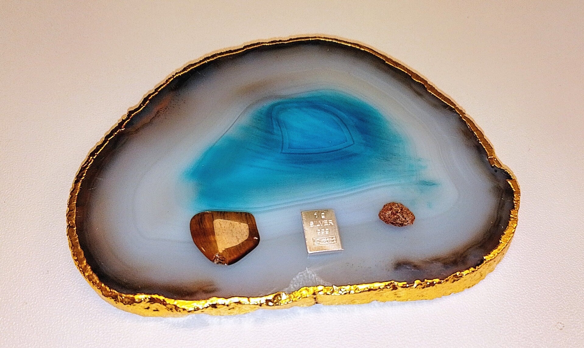 🔴 Vergoldete Achatscheibe - Silberbarren - Bernstein - Tigerauge