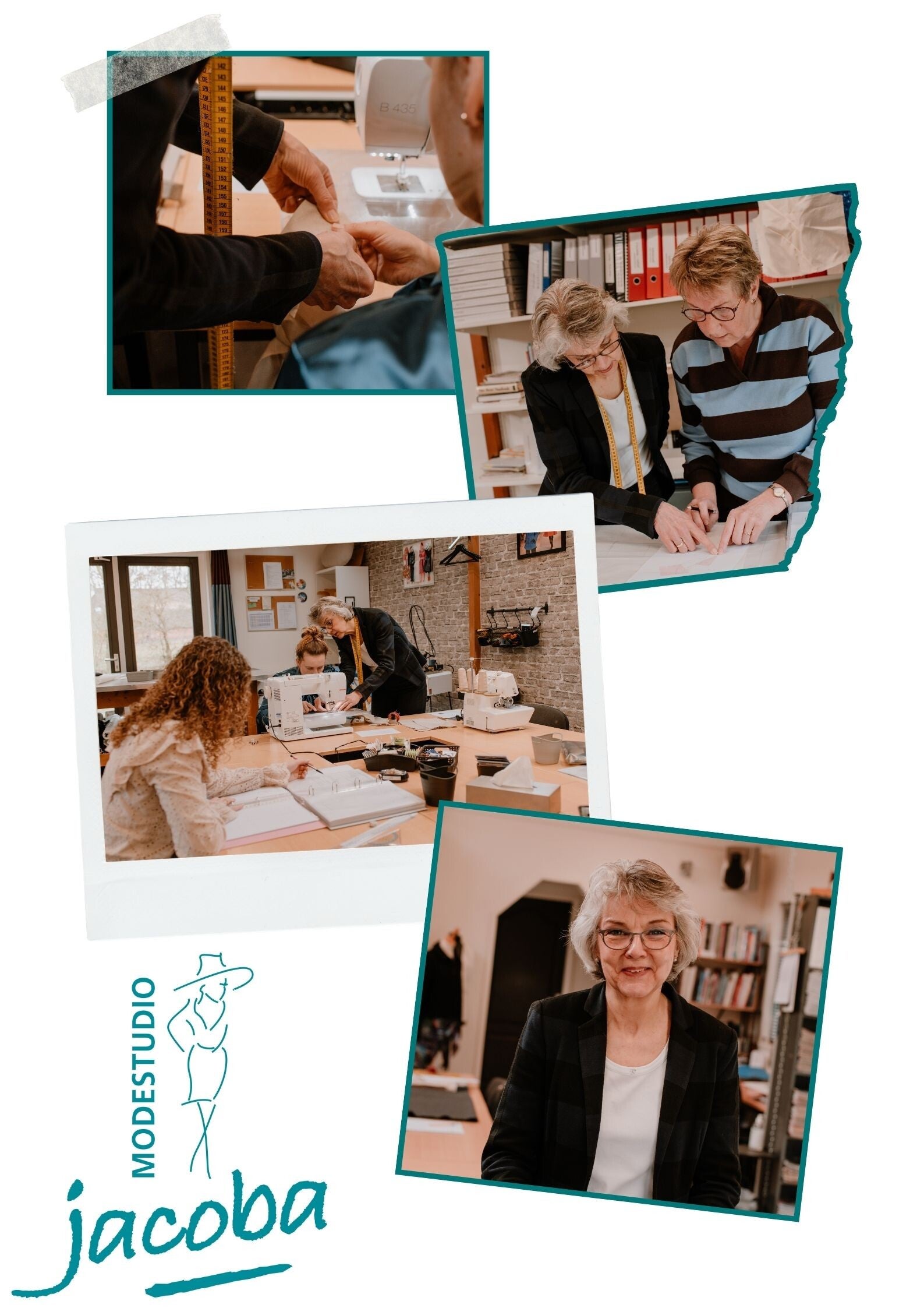 Sfeerimpressie van Modevakschool Modestudio Jacoba, collage van vier foto's waarop eigenaar Coba Steenbergen cursisten helpt.
