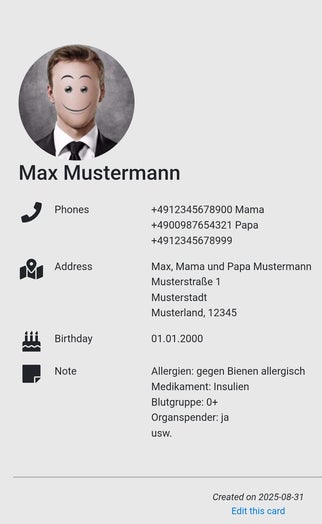 Screenshot der den SOS NFC Erste Hilfe Notfallinformationen Tag zeigt mit Angaben von Name Geburt Adresse Allergien Blutgruppe Organspende Notfallkontakt