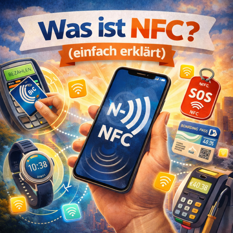 Was ist NFC? Illustration mit Smartphone, NFC-Symbolen, kontaktlosem Bezahlen, Smartwatch und SOS-NFC-Tag – NFC einfach erklärt