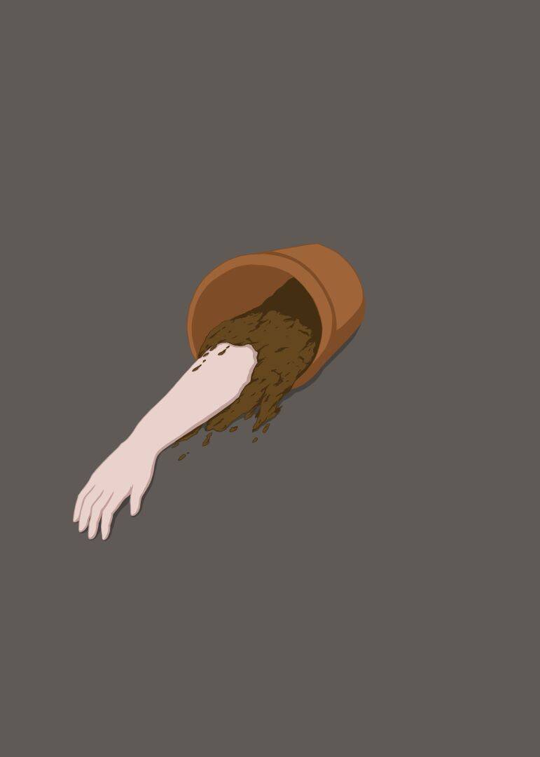 digital drawing of a fallen over pot with an arm inside the soil