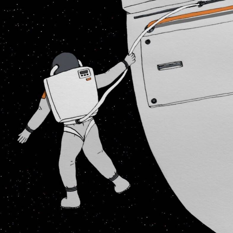 drawing of an astronaut floating beside a spaceship in space