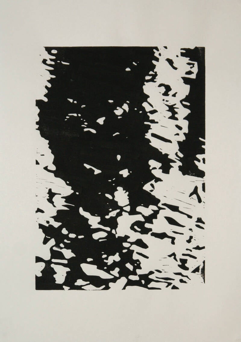 black and white linocut of reflections in water