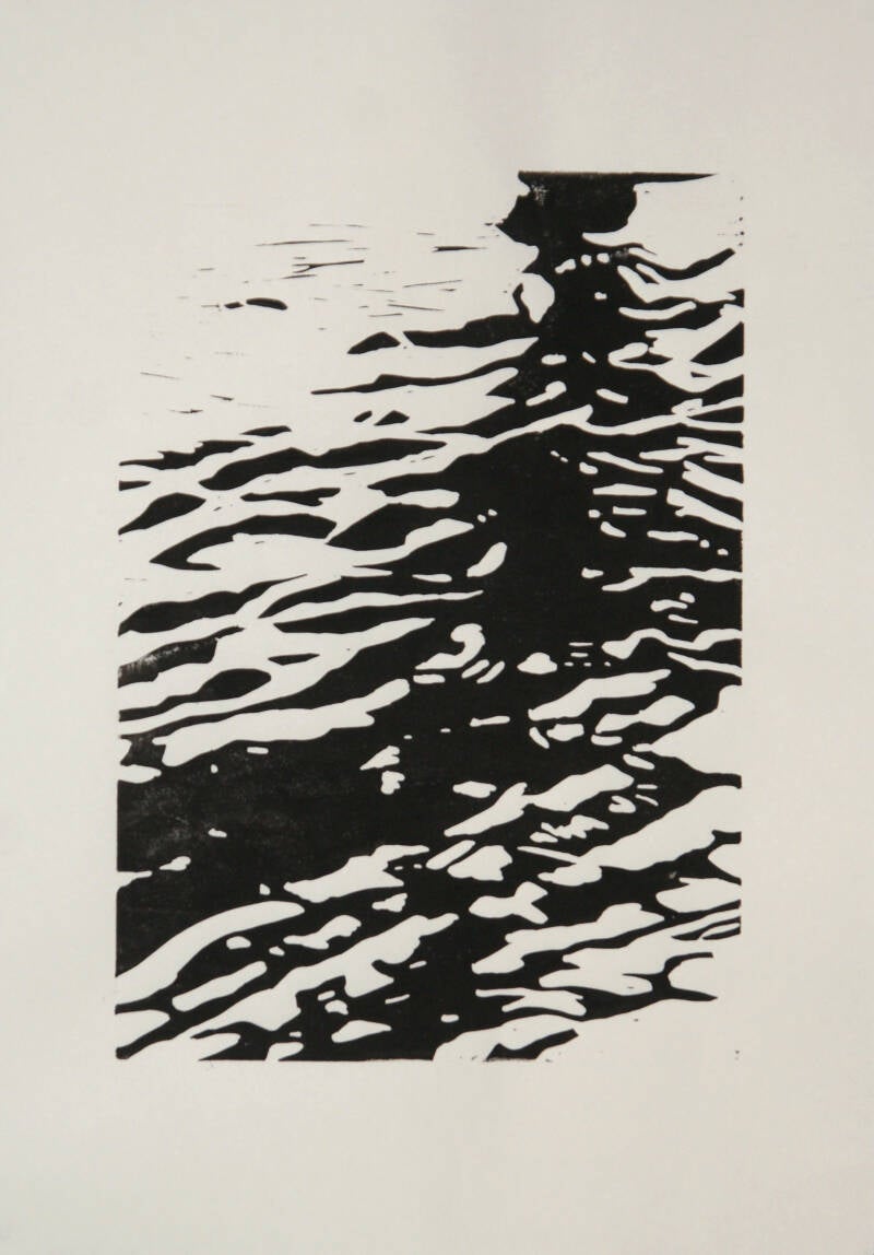 black and white linocut of reflections in water