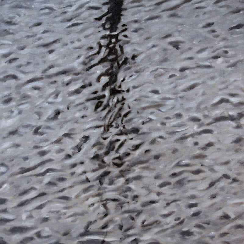 painting of grey water, black reflection and small waves