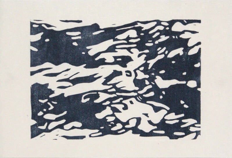 blue linocut of reflections in water