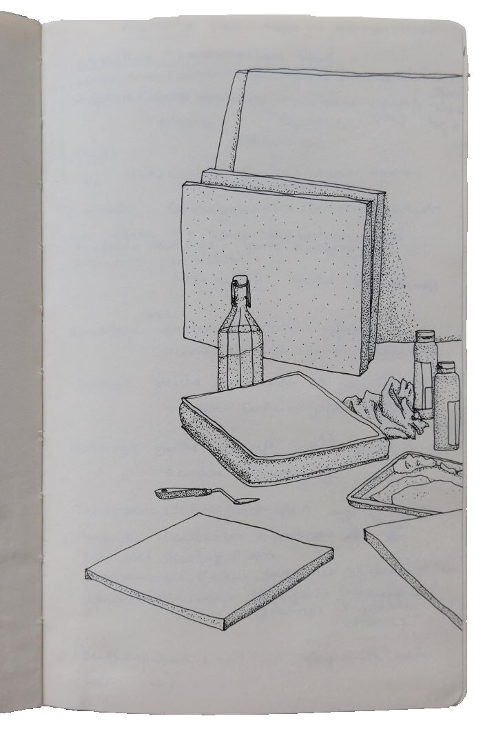 Sketchbook drawing, art supplies on the floor