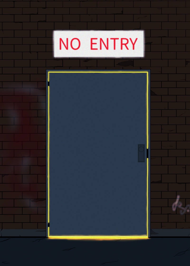 digital drawing, cover, a backdoor in an alleyway with a sign saying "NO ENTRY" above it, light shines through the cracks of the door