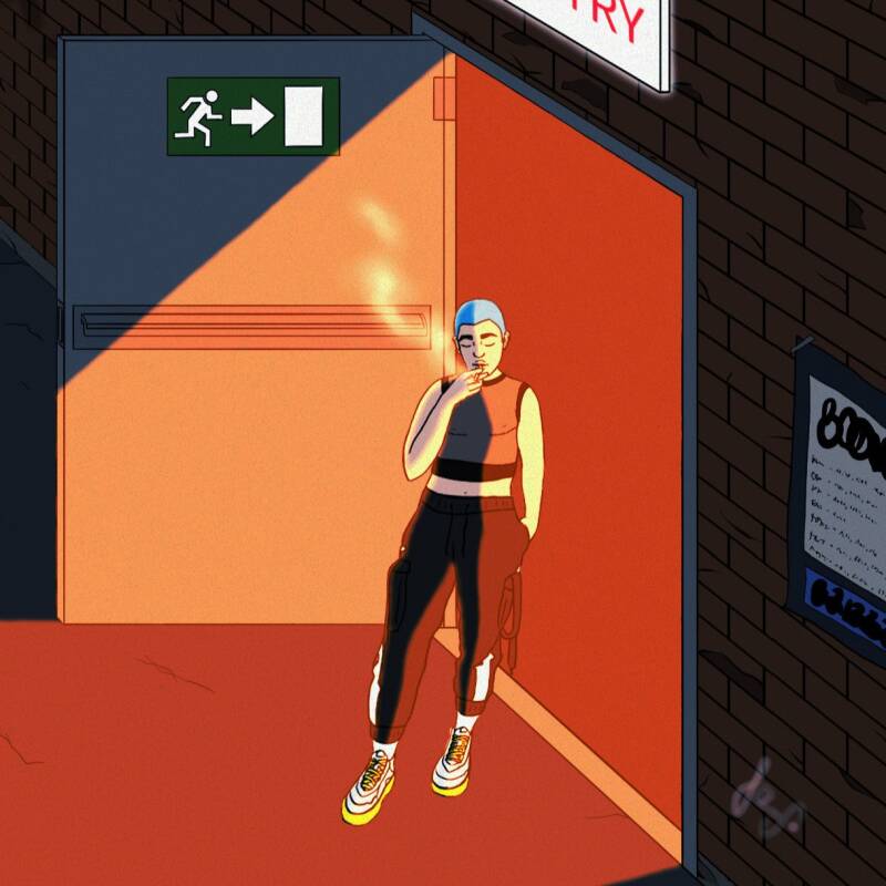 ENTER, digital drawing person smoking outside a backdoor entrance