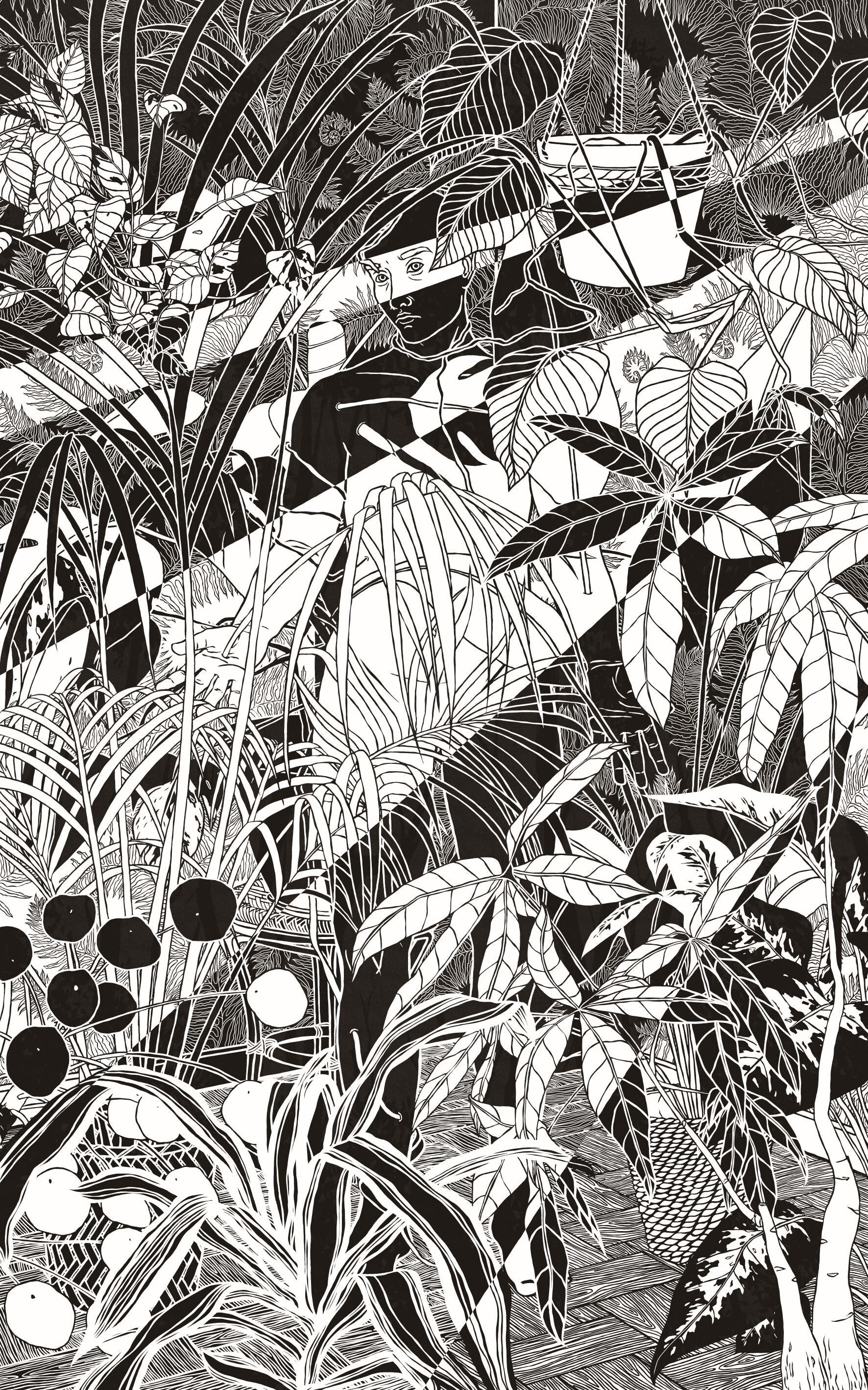 black and white digital drawing, a person is standing in a room full of plants, some are growing into them