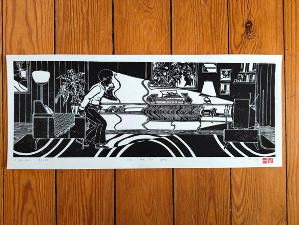 I saw the TV glow - Handmade Linoprint 18 x 44 cm Black & White