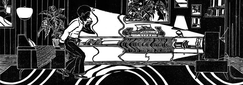 Black and white linocut showing a person standing in front of a TV screaming. The background is a 70s inspired living room.