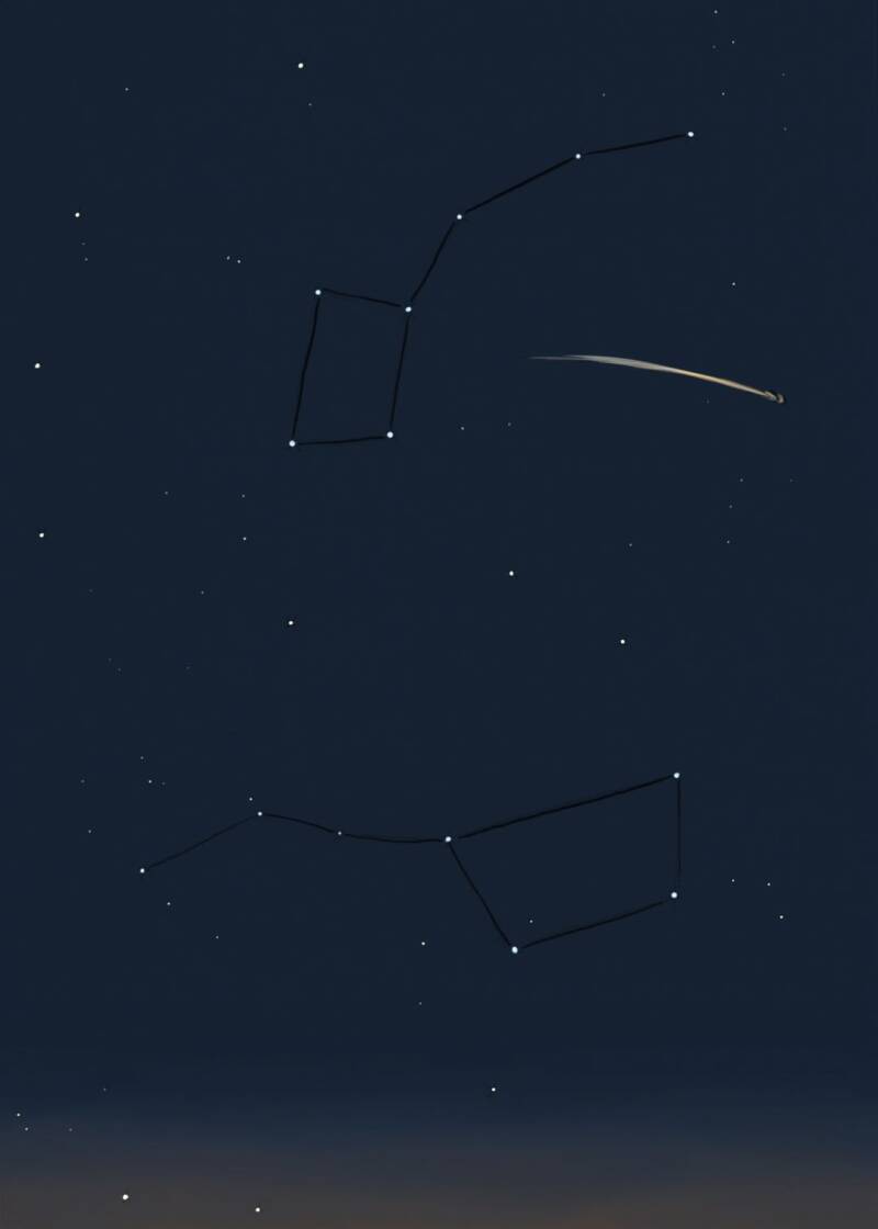 ink drawing with digital coloration, a view of the night sky with the star constellations little dipper and big dipper and a shooting star