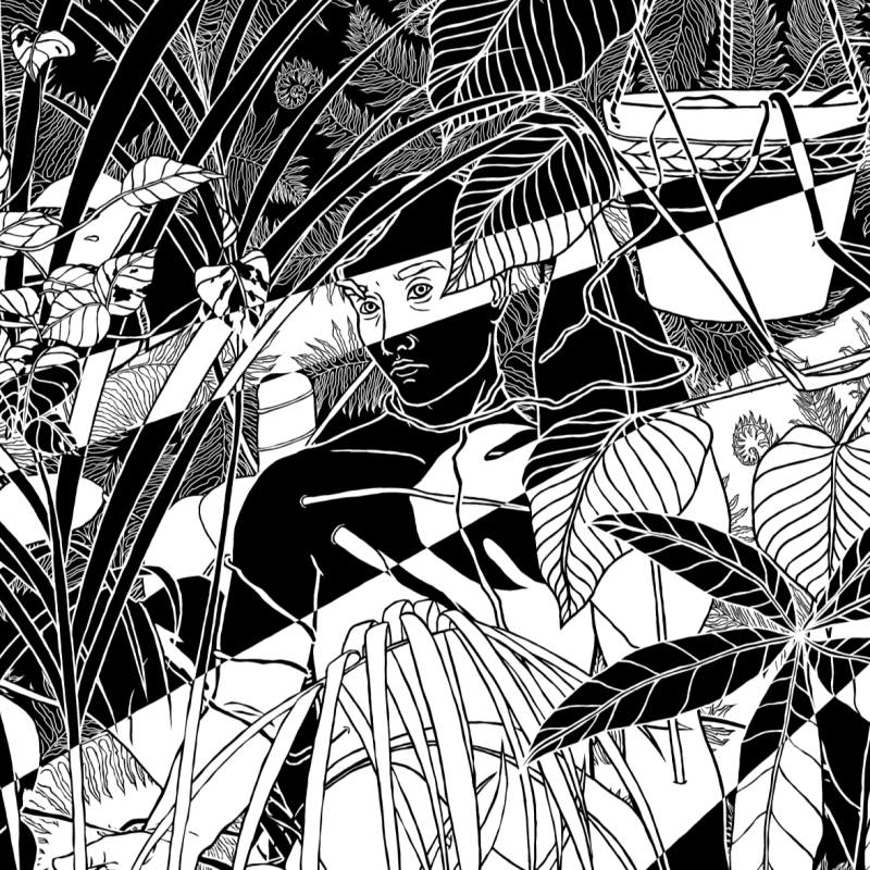 black and white digital drawing, close up of the persons upper body with plants growing into them