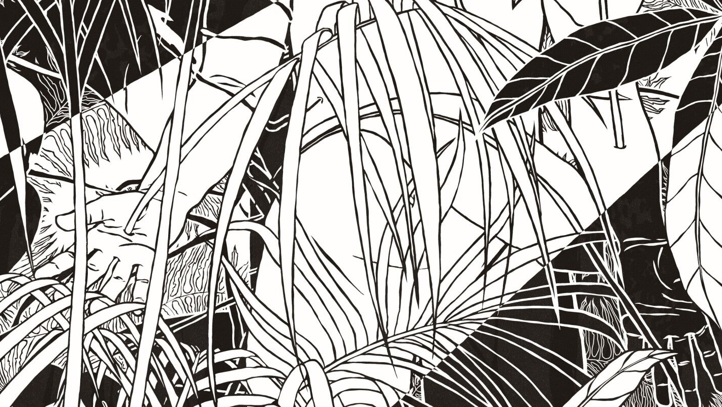 black and white digital drawing, close up of the persons hands with plants growing into them