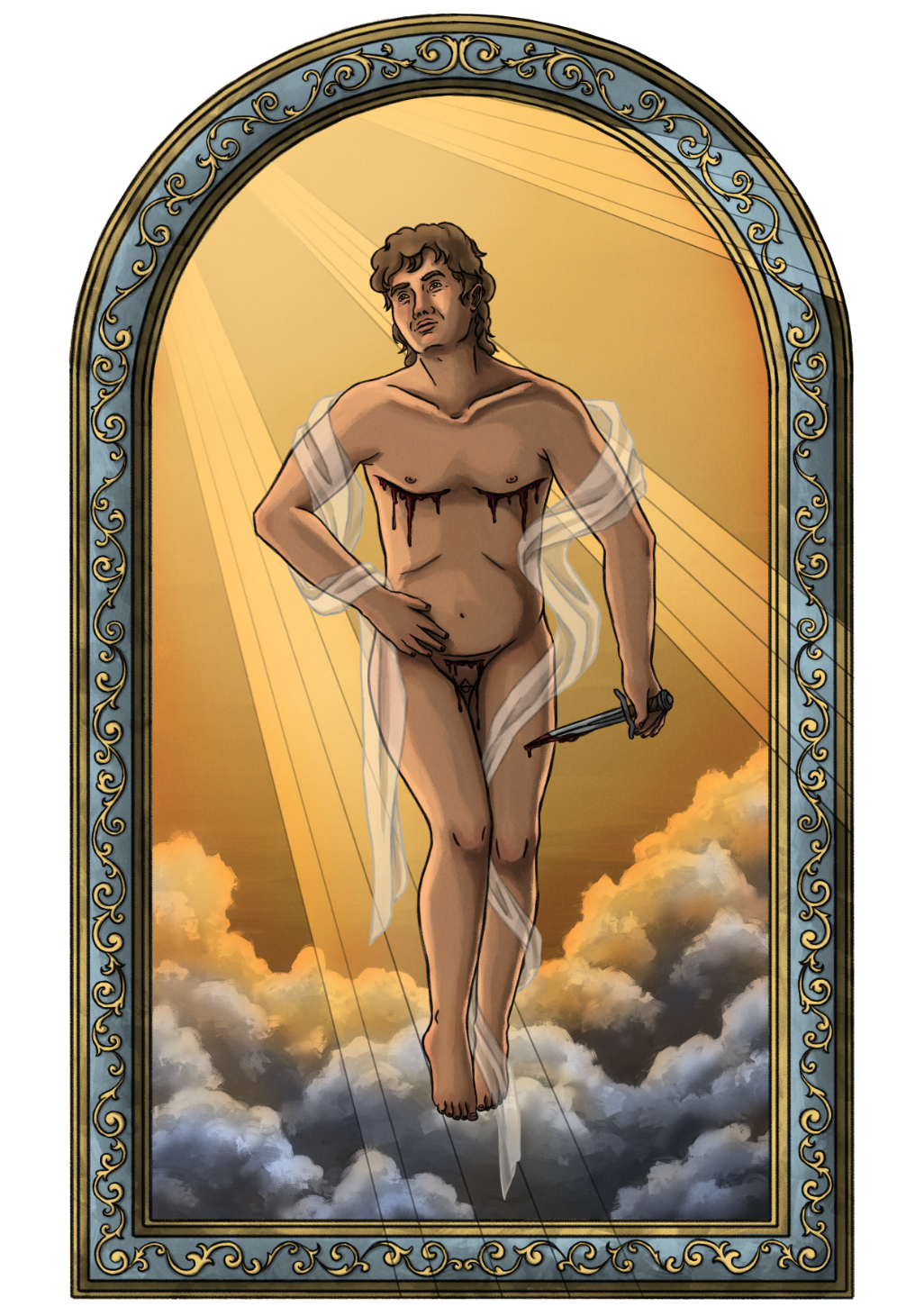 Coloured version in blues and yellows of a black and white drawing of a person levitating in a ornate frame. The figure is naked with a cloth draped around their shoulders. They have bleeding top surgery and hysterectomy scars and holding a dagger.