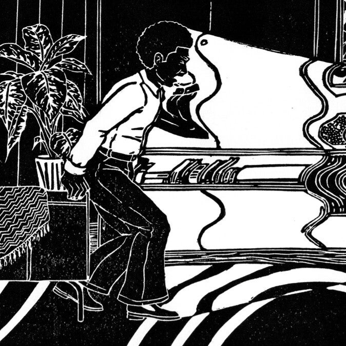 Detail of a black and white linocut showing a person standing in front of a TV screaming. The background is a 70s inspired living room.