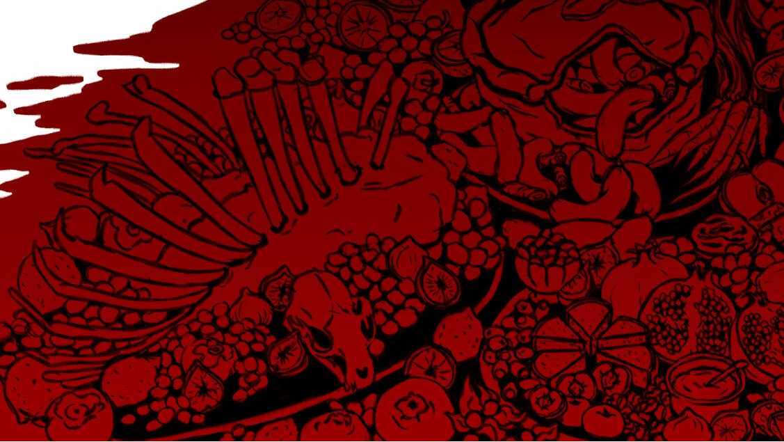 Feast detail. Poster for the Hannibal series. Title and credits on the top in red letters. On white background is a silouette of the stag man. Inside the siloutette which is black turning into red at the bottom, is a lavish feast drawn in black linework.