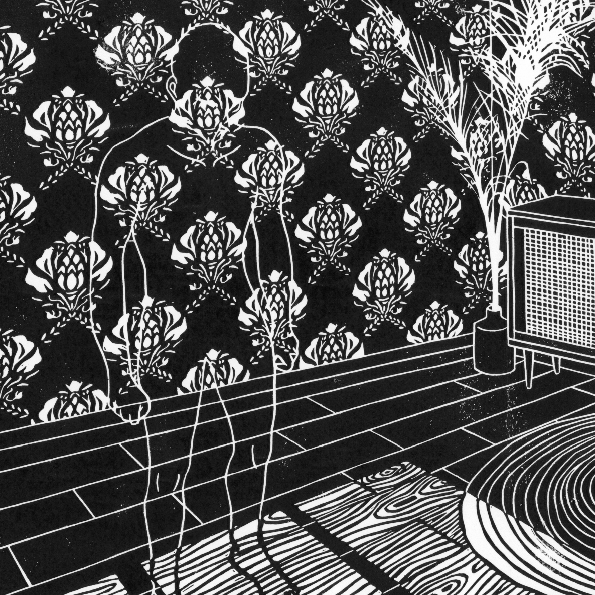 black and white linocut, close up of the nearly invisible person