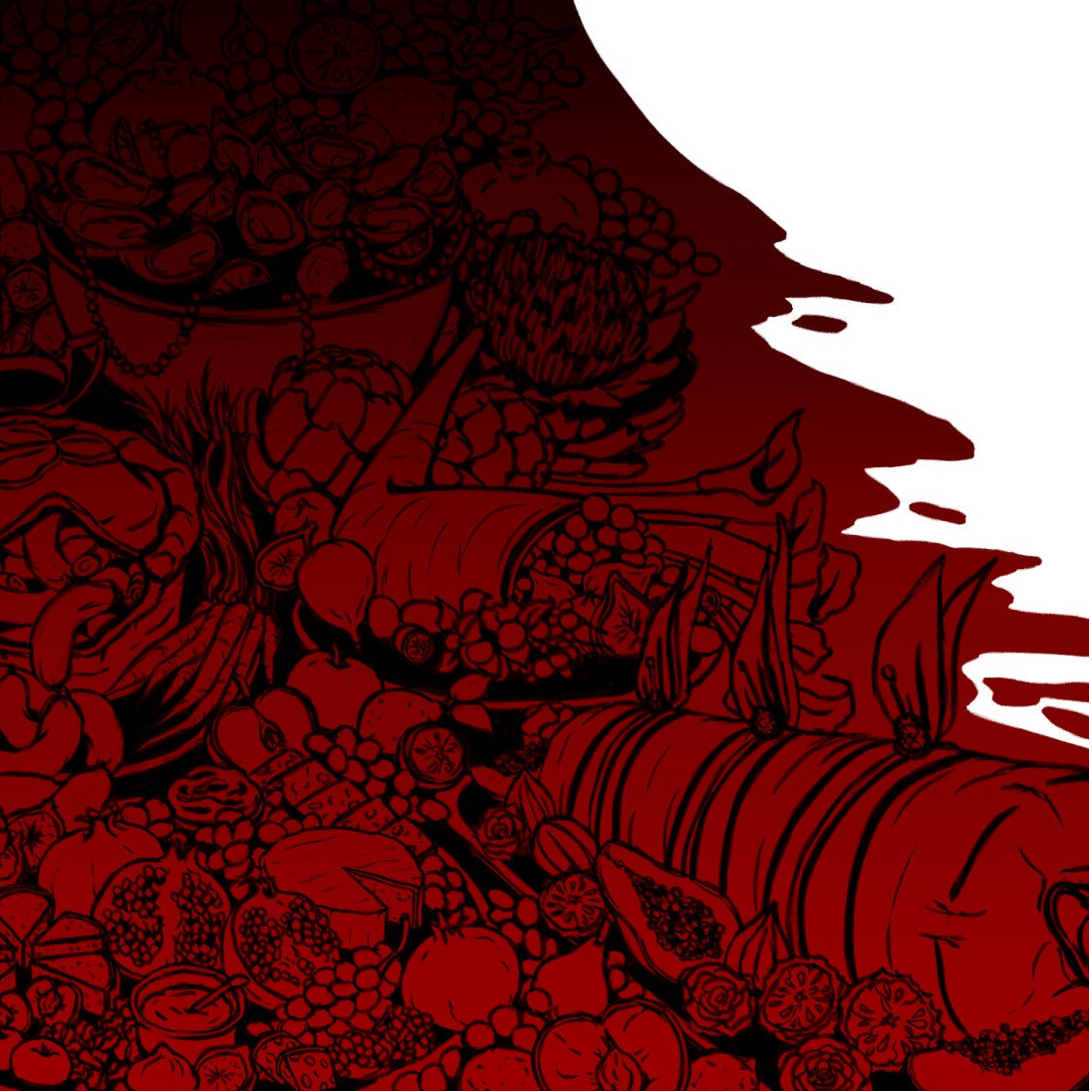 Feast detail. Poster for the Hannibal series. Title and credits on the top in red letters. On white background is a silouette of the stag man. Inside the siloutette which is black turning into red at the bottom, is a lavish feast drawn in black linework.