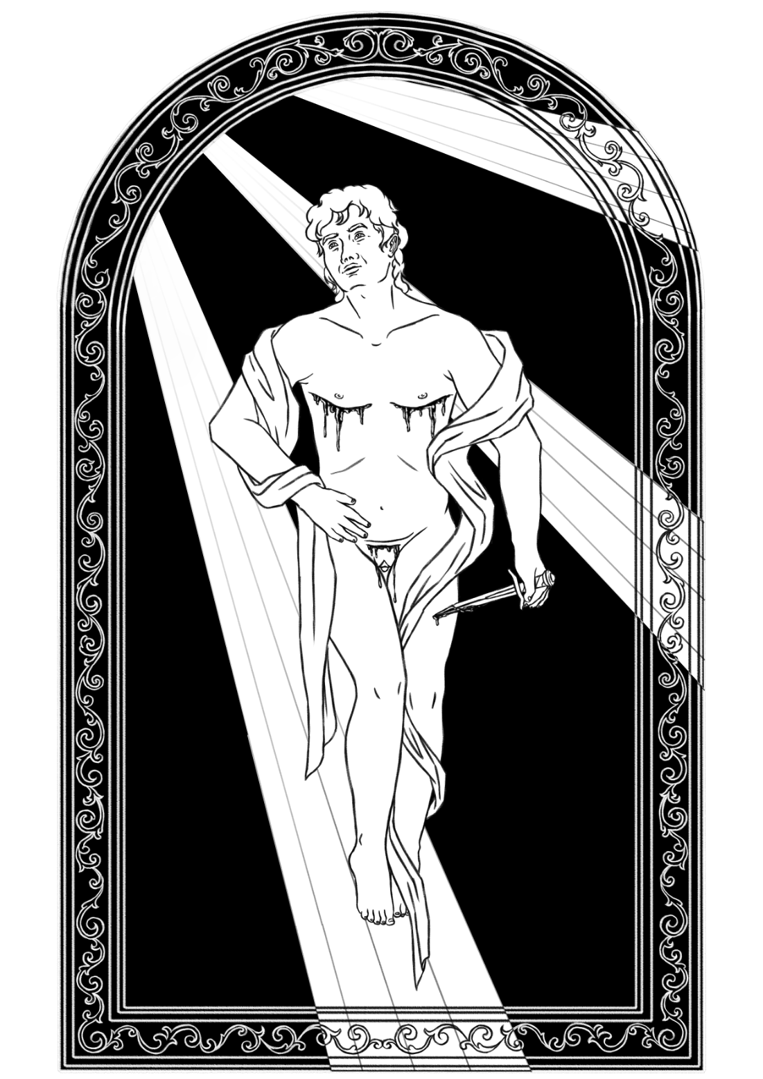 Black and white drawing of a person levitating in a ornate frame. The figure is naked with a cloth draped around their shoulders. They have bleeding top surgery and hysterectomy scars and holding a dagger.