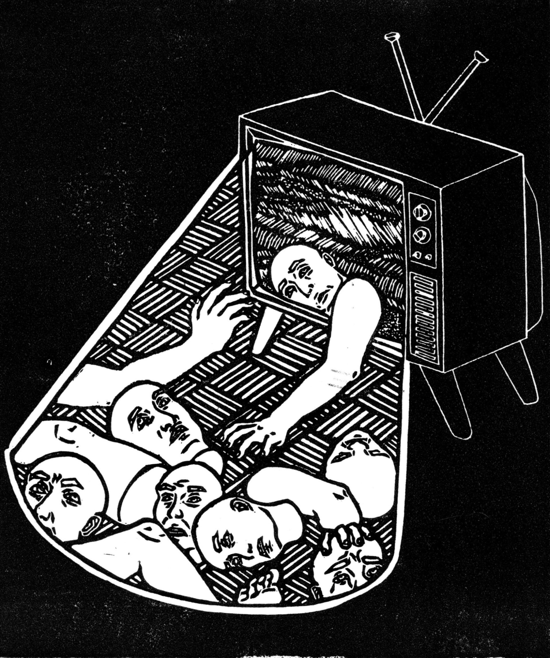 Black and white linocut showing a 70s TV showing static. A figure is crawling out of the TV. The glow is shining on a pile of limbs and heads on the floor.