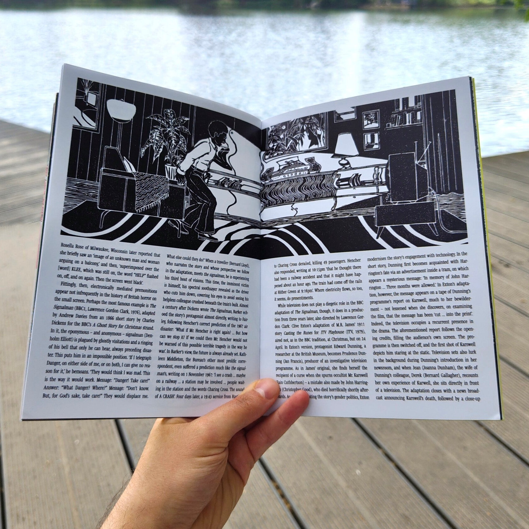 Illustration in the General Witchfinders Zine. The illustration is a black and white linocut showing a person standing in front of a TV screaming. The background is a 70s inspired living room.