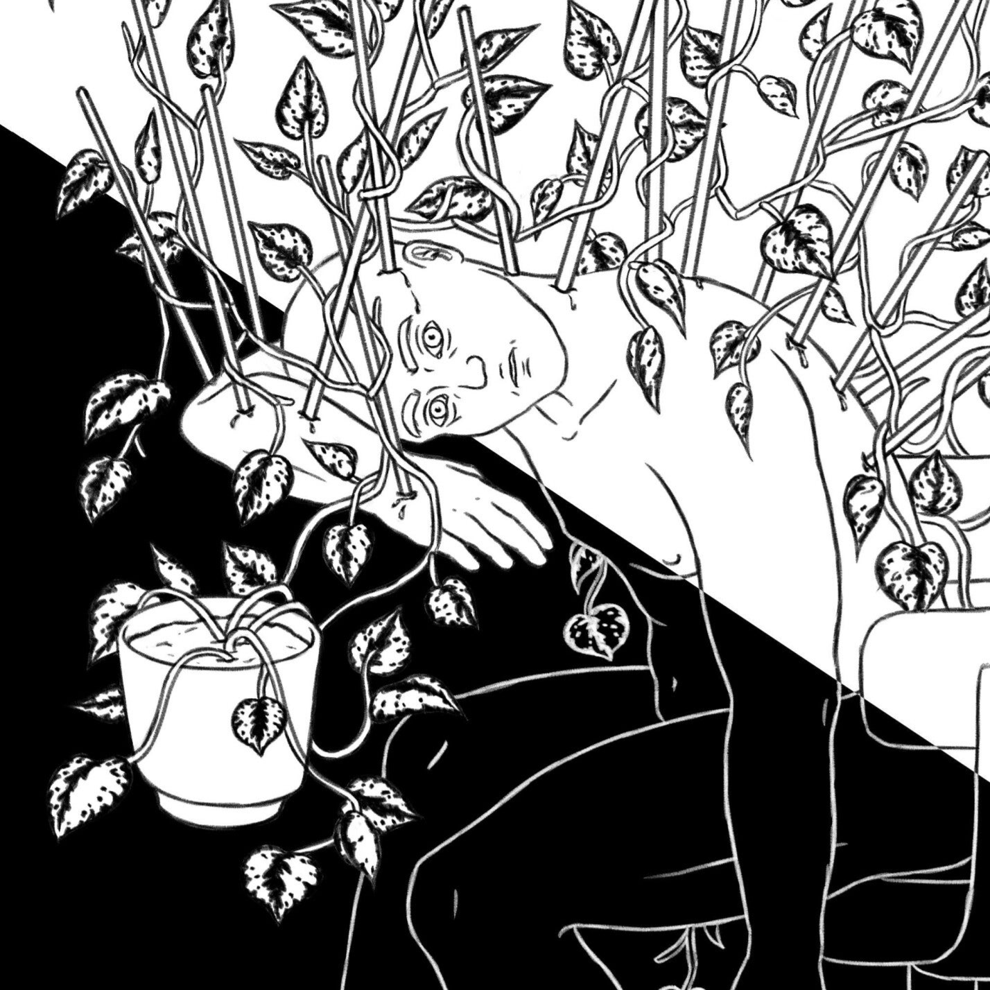 Detail of a black and white drawing of a person sitting on a desk chair, leaning on the desk. On the desk sits a plant, growing on sticks, sticking in the person.