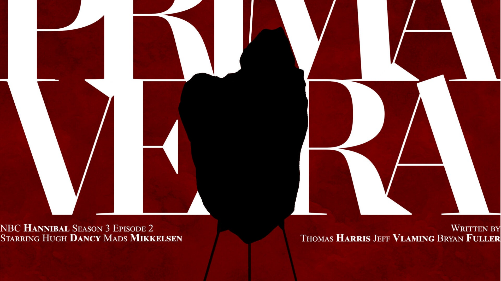 Heart Detail of a Poster for the episode 'Primavera' of Hannibal, showing a black silouette of a heart standing on stilts on a mosaic floor with a skeleton in the middle. PRIMA-VERA is written in bold letters on the top, the background is blood red.