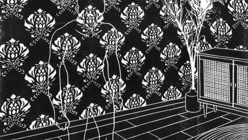 black and white linocut, close up of the nearly invisible person