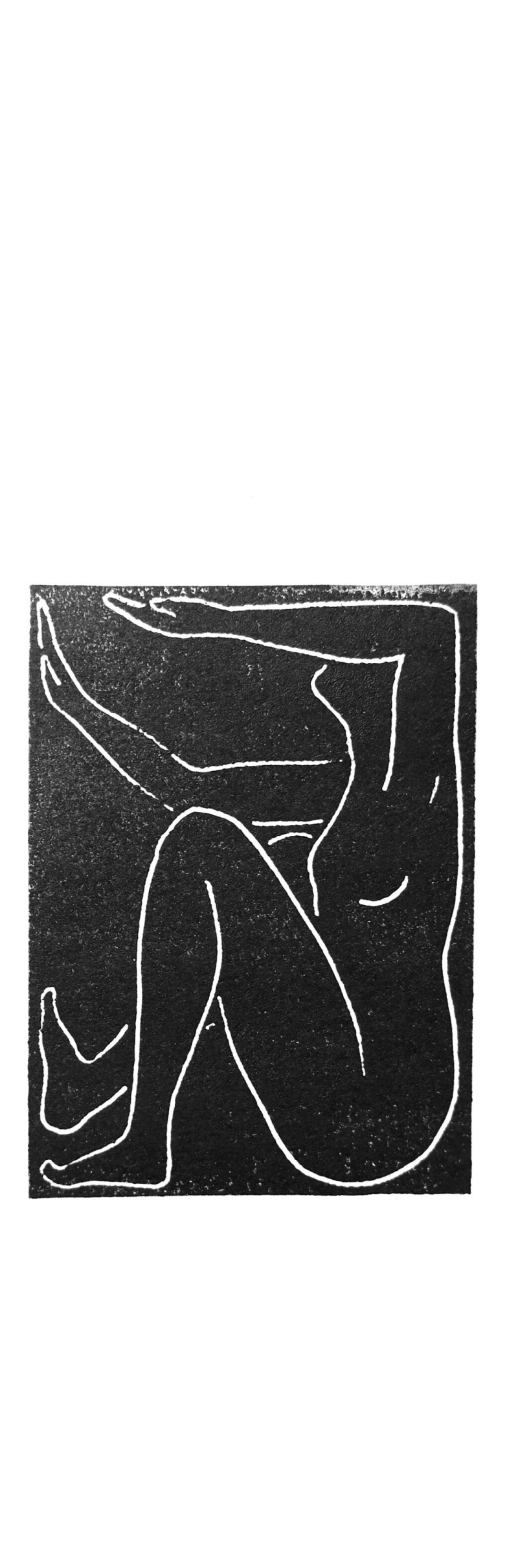 black and white linocut of a person trapped in a small box trying to push against the walls