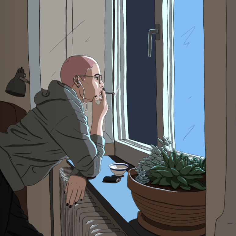 digital drawing of a person standing in front of a window, leaning on the windowsill and smoking, close up