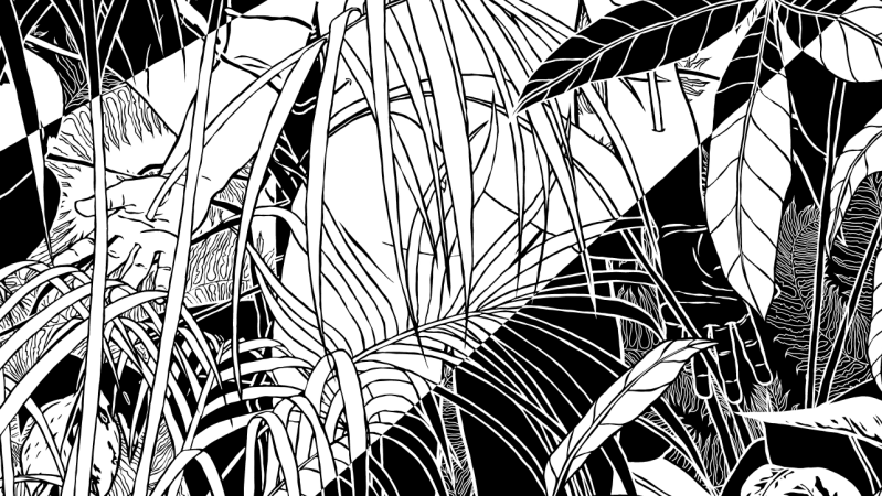 black and white digital drawing, close up of the persons hands with plants growing into them