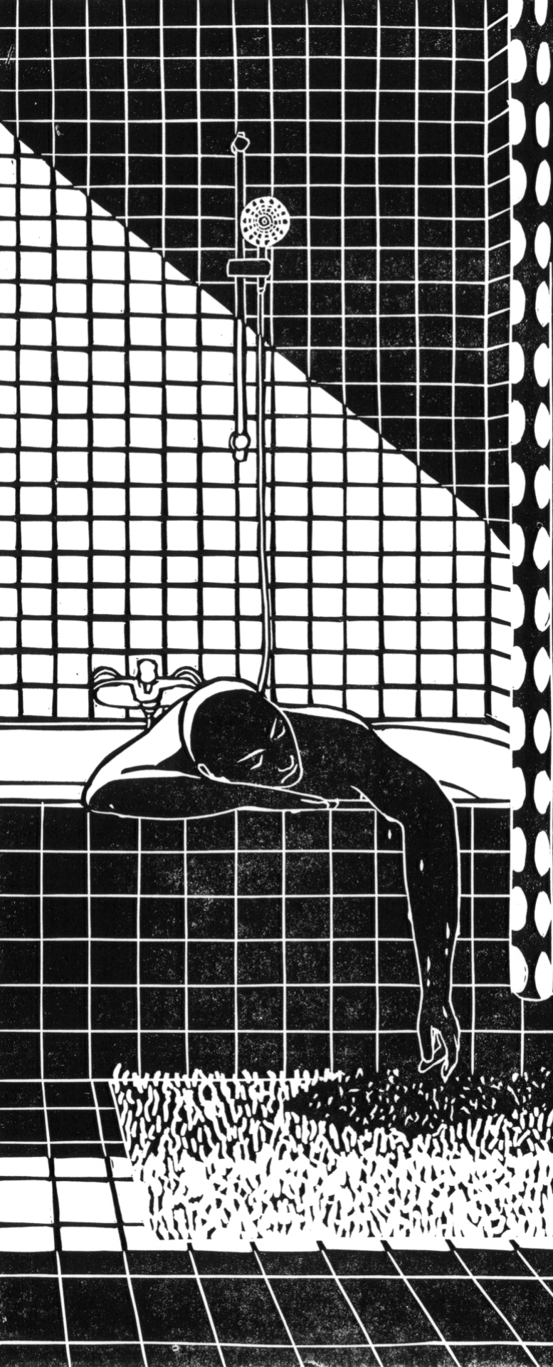 black and white linocut, close up of the person lying in the bathtub