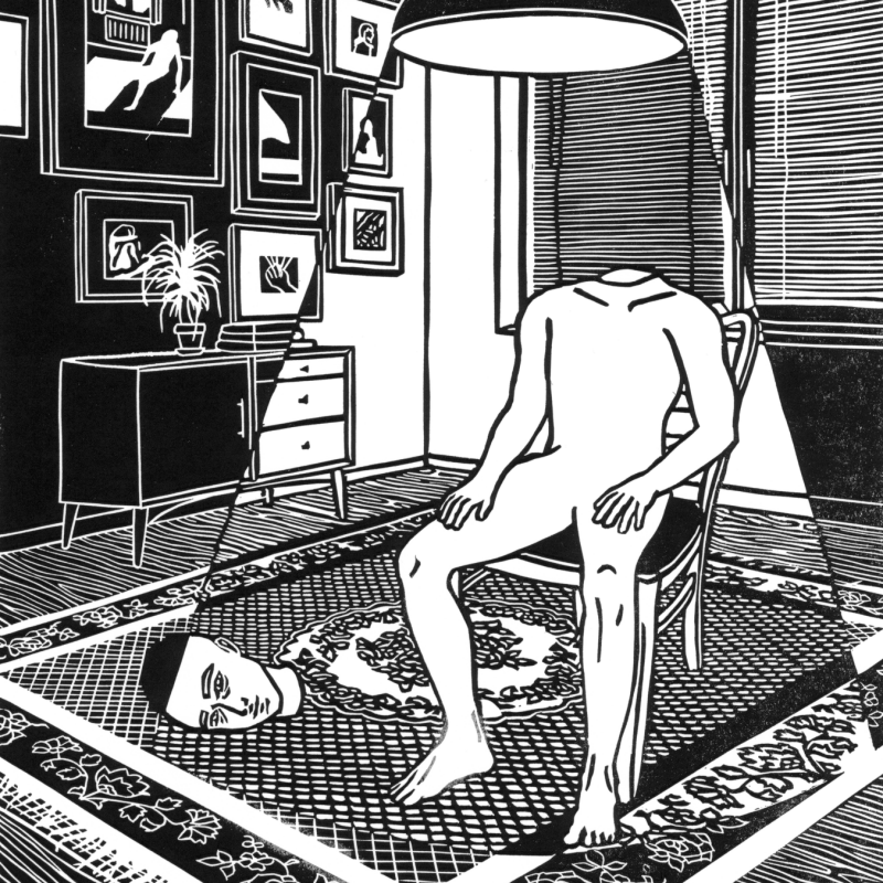 Schnitte, linocut of a person sitting on a chair, their head lies beside them on the floor