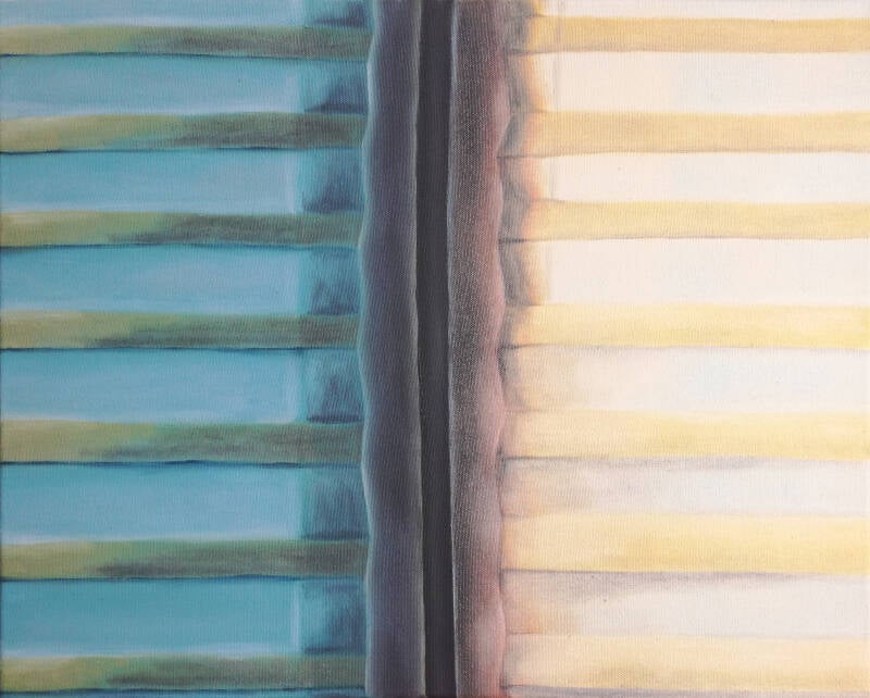 painting of a window with roller blinds and light shining through
