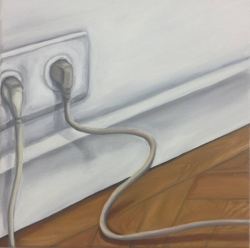 painting of an electrical outlet with kabels and wooden flooring