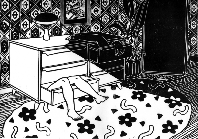 black and white linocut of a room with a dresser that has legs and arms hanging out of its drawers