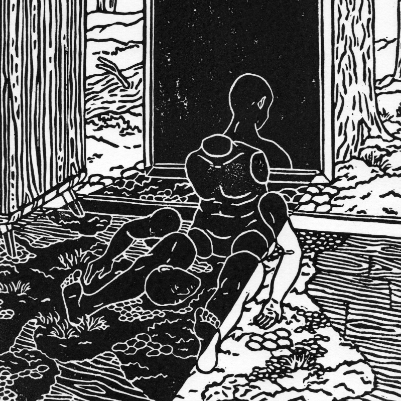 black and white linocut of a person sitting on the floor with their limbs detached