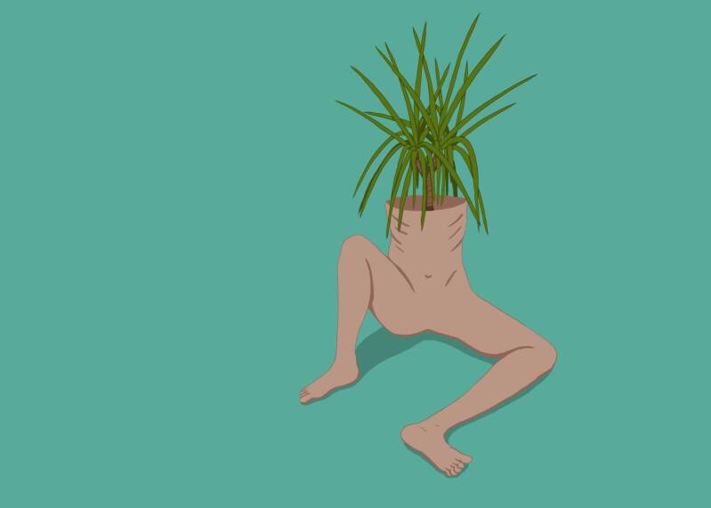 digital drawing of a person sitting on the floor with a palm growing out of their torso