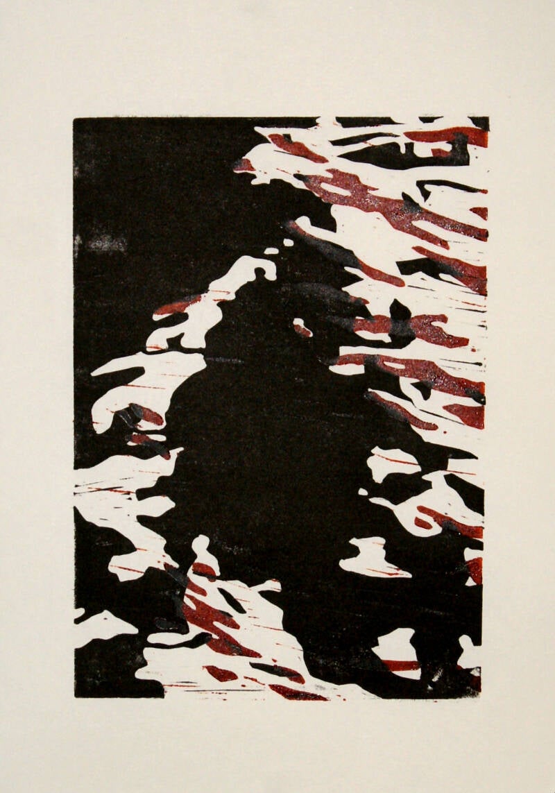 black, red and white linocut of reflections in water
