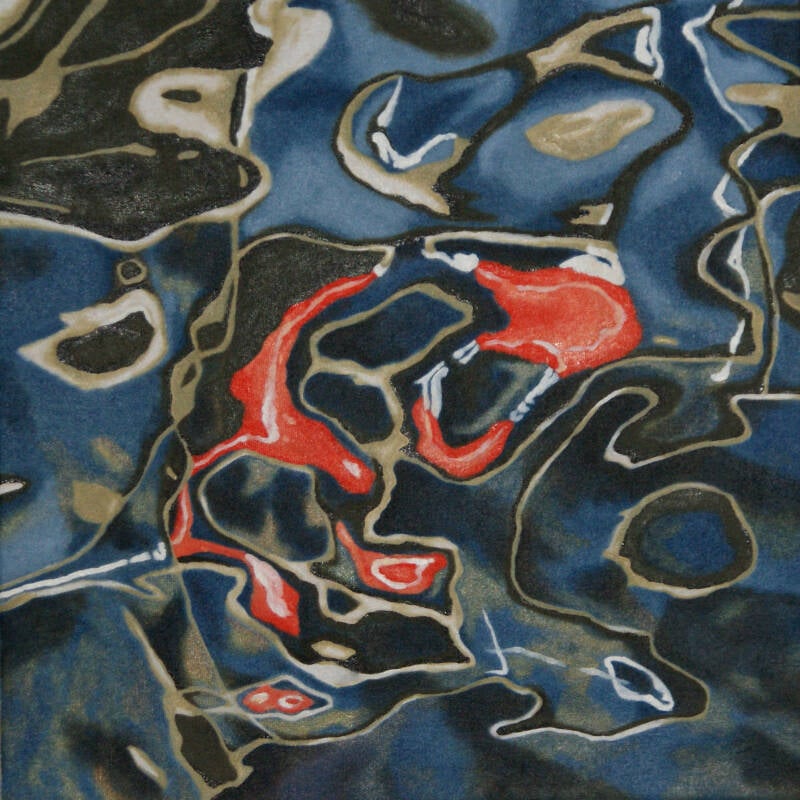 painting of black, brown, red and blue reflections in water