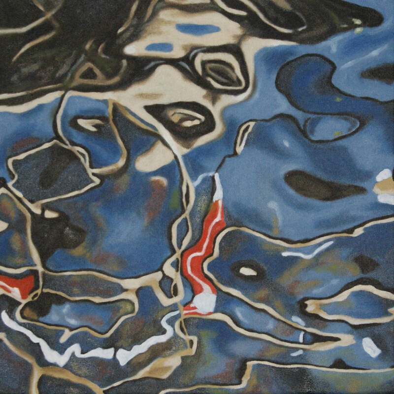 painting of black, brown, red and blue reflections in water
